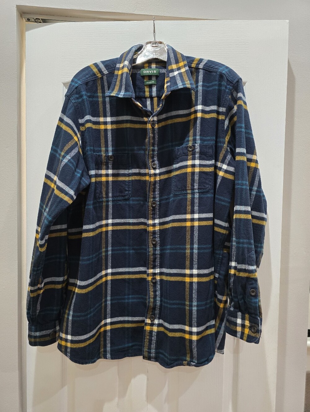 Orvis Men’s Perfect Plaid Flannel Shirt – Navy Yellow Plaid, Size XL
